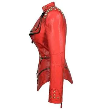 SX Women's Fashion Studded Perfectly Shaping Faux Leather Biker Jacket (2XL, Red)