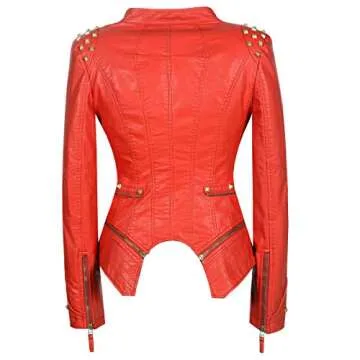 SX Women's Fashion Studded Perfectly Shaping Faux Leather Biker Jacket (2XL, Red)