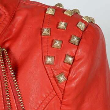 SX Women's Fashion Studded Perfectly Shaping Faux Leather Biker Jacket (2XL, Red)