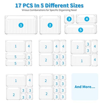 Giom 17 Pack Drawer Organizer, Makeup Organizers for Bathroom, Clear Acrylic Organization Divider, Small in Drawer Organizers for Bedroom Office Home