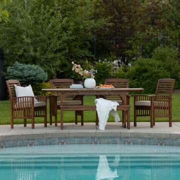 Walker Edison Maui Modern 6 Piece Solid Acacia Wood Slatted Outdoor Dining Set, Set of 6, Dark Brown