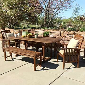 Walker Edison Maui Modern 6 Piece Solid Acacia Wood Slatted Outdoor Dining Set, Set of 6, Dark Brown