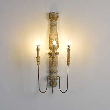 JiuZhuo Rustic Wall Sconce, French Country 3-Light Wood Candle Wall Sconce, Rustic Farmhouse Wall Li...