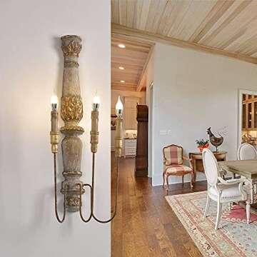 JiuZhuo Rustic Wall Sconce, French Country 3-Light Wood Candle Wall Sconce, Rustic Farmhouse Wall Lighting with Distressed Carved Design