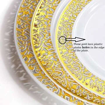 WDF 150PCS Gold Plastic Plates, Gold Plastic Plates With Plastic Cutlery Include 25 Dinner Plates,25 Salad Plates,25 Forks, 25 Knives, 25 Spoons/Bonus 25 Mini Forks