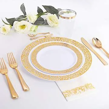 WDF 150PCS Gold Plastic Plates, Gold Plastic Plates With Plastic Cutlery Include 25 Dinner Plates,25 Salad Plates,25 Forks, 25 Knives, 25 Spoons/Bonus 25 Mini Forks