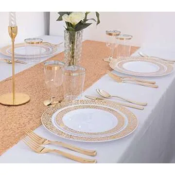 WDF 150PCS Gold Plastic Plates, Gold Plastic Plates With Plastic Cutlery Include 25 Dinner Plates,25 Salad Plates,25 Forks, 25 Knives, 25 Spoons/Bonus 25 Mini Forks