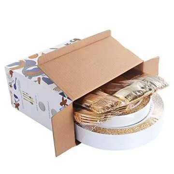 WDF 150PCS Gold Plastic Plates, Gold Plastic Plates With Plastic Cutlery Include 25 Dinner Plates,25 Salad Plates,25 Forks, 25 Knives, 25 Spoons/Bonus 25 Mini Forks