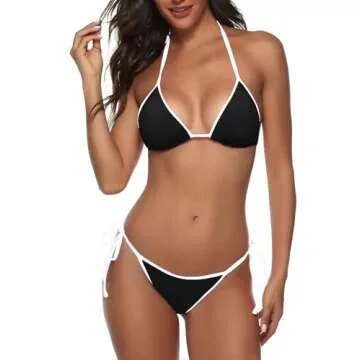 Zuvebamyo Women's Color Block Triangle Bikini Sets Two Piece String Swimsuit Spaghetti Strap Bathing Suits Black S