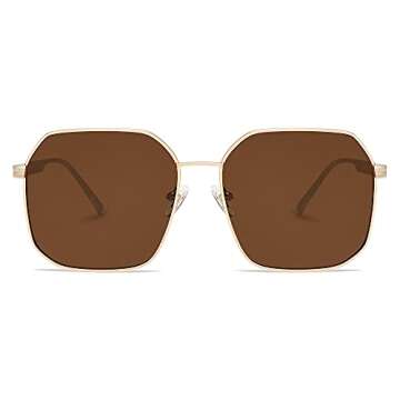 SOJOS Retro Square Polarized Sunglasses for Women Vintage Square Shades UV400 Large Metal Frame SJ1166 with Gold/Brown Lens