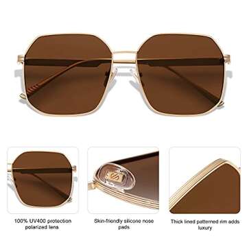 SOJOS Retro Square Polarized Sunglasses for Women Vintage Square Shades UV400 Large Metal Frame SJ1166 with Gold/Brown Lens