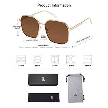 SOJOS Retro Square Polarized Sunglasses for Women Vintage Square Shades UV400 Large Metal Frame SJ1166 with Gold/Brown Lens