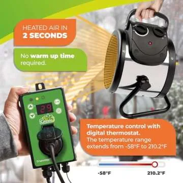 Bio Green PAL 2.0/USDT Palma Greenhouse Heater with Thermostat - Fast Heating, Grow Tent Heater, Gre...