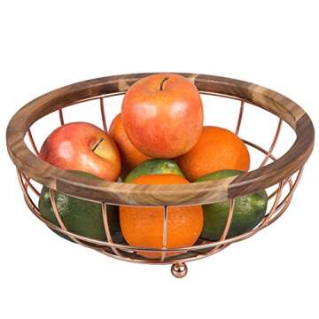 Creative Home Deluxe Acacia Wood and Iron Wire Fruit Basket with Copper Finish for Kitchen Counterto...