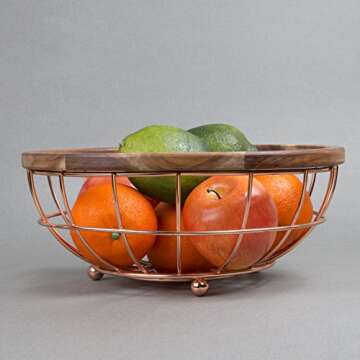 Acacia Wood and Iron Wire Fruit Basket for Kitchen Decor