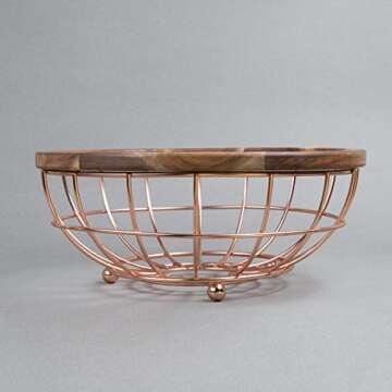 Acacia Wood and Iron Wire Fruit Basket for Kitchen Decor