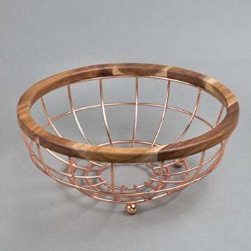 Acacia Wood and Iron Wire Fruit Basket for Kitchen Decor