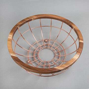 Acacia Wood and Iron Wire Fruit Basket for Kitchen Decor
