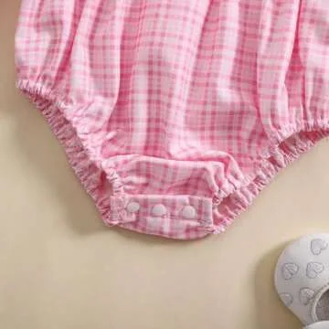 Aiwpstoin Infant Baby Girl Embroidered Romper Peter Pan Collar Long Sleeve Plaid Bubble Bodysuit Newborn Girl Outfit (Pink, 0-3M)
