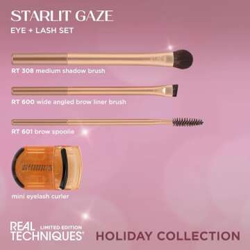 Real Techniques Starlit Gaze Eye + Lash 4 Piece Holiday Gift Set, Eye Makeup Brush Set For Eyeshadow & Brow Products, Mini Eyelash Curler For Travel, Stocking Stuffer, Limited Edition, Cruelty-Free