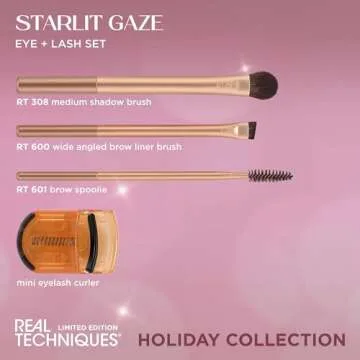 Real Techniques Starlit Gaze Eye + Lash 4 Piece Holiday Gift Set, Eye Makeup Brush Set For Eyeshadow & Brow Products, Mini Eyelash Curler For Travel, Stocking Stuffer, Limited Edition, Cruelty-Free