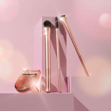 Real Techniques Starlit Gaze Eye + Lash 4 Piece Holiday Gift Set, Eye Makeup Brush Set For Eyeshadow & Brow Products, Mini Eyelash Curler For Travel, Stocking Stuffer, Limited Edition, Cruelty-Free