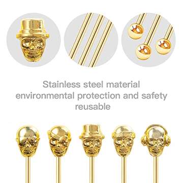 Mewuthede Skull Shape Swizzle Sticks, Reusable Stainless Steel Coffee Beverage Stirrers Cocktail, 5-Pack Drink Stir Sticks for Bar Party Home Office (Gold)
