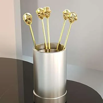 Mewuthede Skull Shape Swizzle Sticks, Reusable Stainless Steel Coffee Beverage Stirrers Cocktail, 5-Pack Drink Stir Sticks for Bar Party Home Office (Gold)
