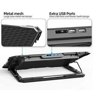 KYOLLY Upgrade Laptop Cooling Pad,Gaming Laptop Cooler with 5 Quiet Fans,2 USB Ports,5 Adjustable Stand Height,Blue LED Lights,for 15.6 Inch Laptops