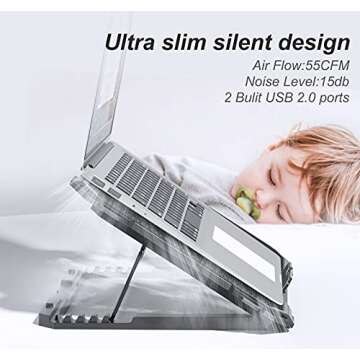 KYOLLY Upgrade Laptop Cooling Pad,Gaming Laptop Cooler with 5 Quiet Fans,2 USB Ports,5 Adjustable Stand Height,Blue LED Lights,for 15.6 Inch Laptops