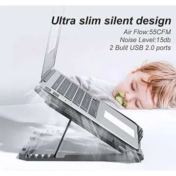 KYOLLY Upgrade Laptop Cooling Pad,Gaming Laptop Cooler with 5 Quiet Fans,2 USB Ports,5 Adjustable Stand Height,Blue LED Lights,for 15.6 Inch Laptops