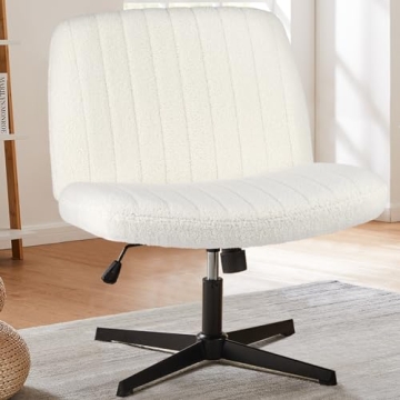 SMUG Criss Cross Legged Office Chair, Armless Swivel Wide Desk Chair No Wheels, Modern Teddy Fabric ...