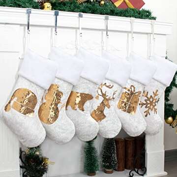 GEX Christmas Stockings 6 Pack for Family - Gold Sequins White Velvet with Faux Fur