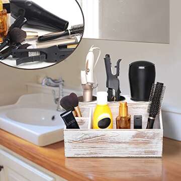 ROLOWAY Wooden Hair Tool Organizer - Blow Dryer Holder - Curling Iron Holder - Flat Iron Holder - Hair Styling Tools & Accessories Organizer - Bathroom Vanity Countertop Organizer (Rustic)