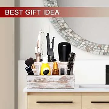 ROLOWAY Wooden Hair Tool Organizer - Blow Dryer Holder - Curling Iron Holder - Flat Iron Holder - Hair Styling Tools & Accessories Organizer - Bathroom Vanity Countertop Organizer (Rustic)