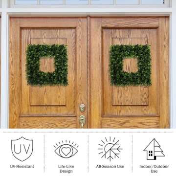 Pure Garden Set of 2 Wreaths - 16.5-Inch Square Artificial Boxwood Spring, Summer, Winter, or Fall W...