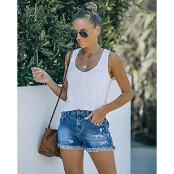 luvamia Women's Casual Mid Waist Ripped Denim Shorts Frayed Raw Hem Jean Shorts Casual Shorts Classic Blue Size L