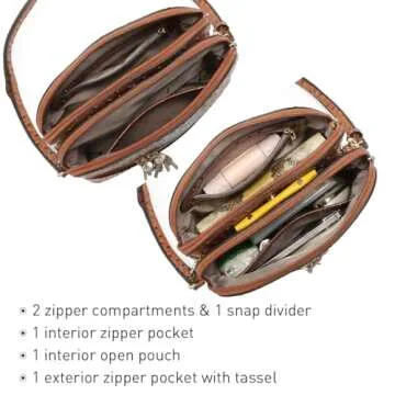 Dasein Women Tassel Zipper Pocket Crossbody Bag Shoulder Purse Fashion Travel Bag with Multi Pockets(Ostrich Brown)