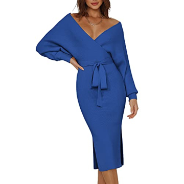 Pink Queen Womens V Neck Sweater Wrap Dresses Batwing Sleeve Sexy Cocktail Bodycon Maxi Knit Dress w...