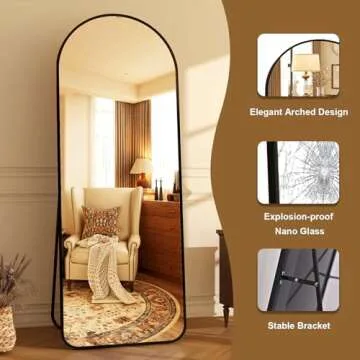 HARRITPURE 64"x21" Arched Full Length Mirror Floor Mirrors with Aluminum Alloy Frame Free-Standing Wall Mounted or Leaning Large Bedroom Dressing Mirror Modern & Contemporary Decor for Home,Black