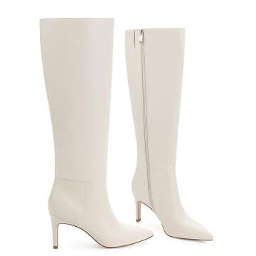 Easyfox White Knee High Boots for Women White Tall Boots Pointed Toe Tall Boots Stiletto High Heel Long Boots Side Zipper Size 8.5