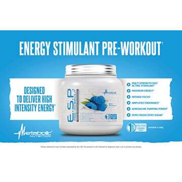 Metabolic Nutrition - ESP - Stimulating Pre Workout, Pre Intra Workout Supplement, Energy and Endurance Stimulating, Natural & Safe, High Energy, Mental Focus, Green Apple, 300 Grams (90 Servings)