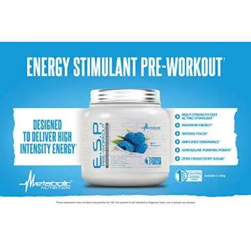 Metabolic Nutrition - ESP - Stimulating Pre Workout, Pre Intra Workout Supplement, Energy and Endurance Stimulating, Natural & Safe, High Energy, Mental Focus, Green Apple, 300 Grams (90 Servings)