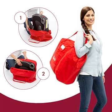 KiddiGo Booster Seat Travel Bag for Airplane, Red, 17" H x 16.5" W x 9.5" D, Fits Most Backless Booster Seats, Easy to Carry with Luggage Handle, Durable Zippers & Front Small Pocket