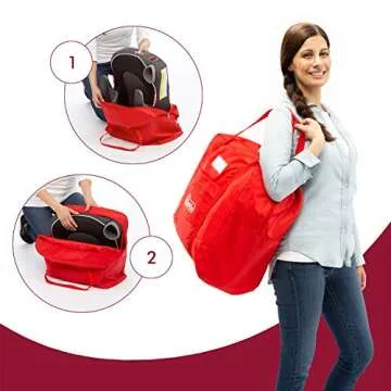 KiddiGo Booster Seat Travel Bag for Airplane, Red, 17" H x 16.5" W x 9.5" D, Fits Most Backless Booster Seats, Easy to Carry with Luggage Handle, Durable Zippers & Front Small Pocket