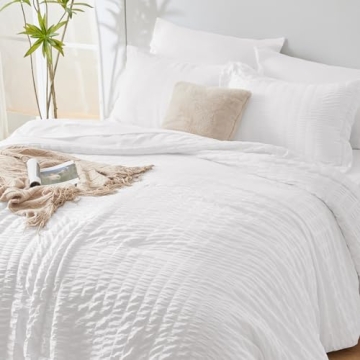 CozyLux Queen Bed in a Bag White Seersucker Comforter Set with Sheets 7-Pieces All Season Bedding Sets with Comforter, Pillow Sham, Flat Sheet, Fitted Sheet and Pillowcase