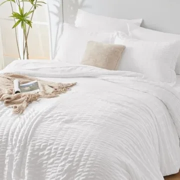 CozyLux Queen Bed in a Bag White Seersucker Comforter Set with Sheets 7-Pieces All Season Bedding Sets with Comforter, Pillow Sham, Flat Sheet, Fitted Sheet and Pillowcase