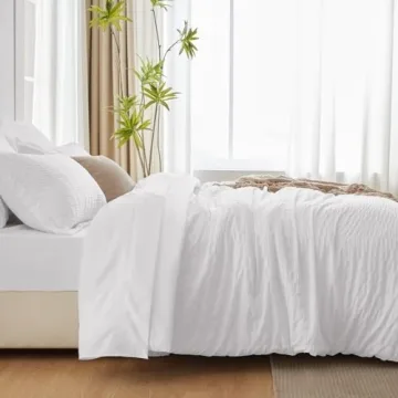 CozyLux Queen Bed in a Bag White Seersucker Comforter Set with Sheets 7-Pieces All Season Bedding Sets with Comforter, Pillow Sham, Flat Sheet, Fitted Sheet and Pillowcase
