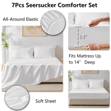 CozyLux Queen Bed in a Bag White Seersucker Comforter Set with Sheets 7-Pieces All Season Bedding Sets with Comforter, Pillow Sham, Flat Sheet, Fitted Sheet and Pillowcase