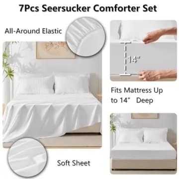 CozyLux Queen Bed in a Bag White Seersucker Comforter Set with Sheets 7-Pieces All Season Bedding Sets with Comforter, Pillow Sham, Flat Sheet, Fitted Sheet and Pillowcase
